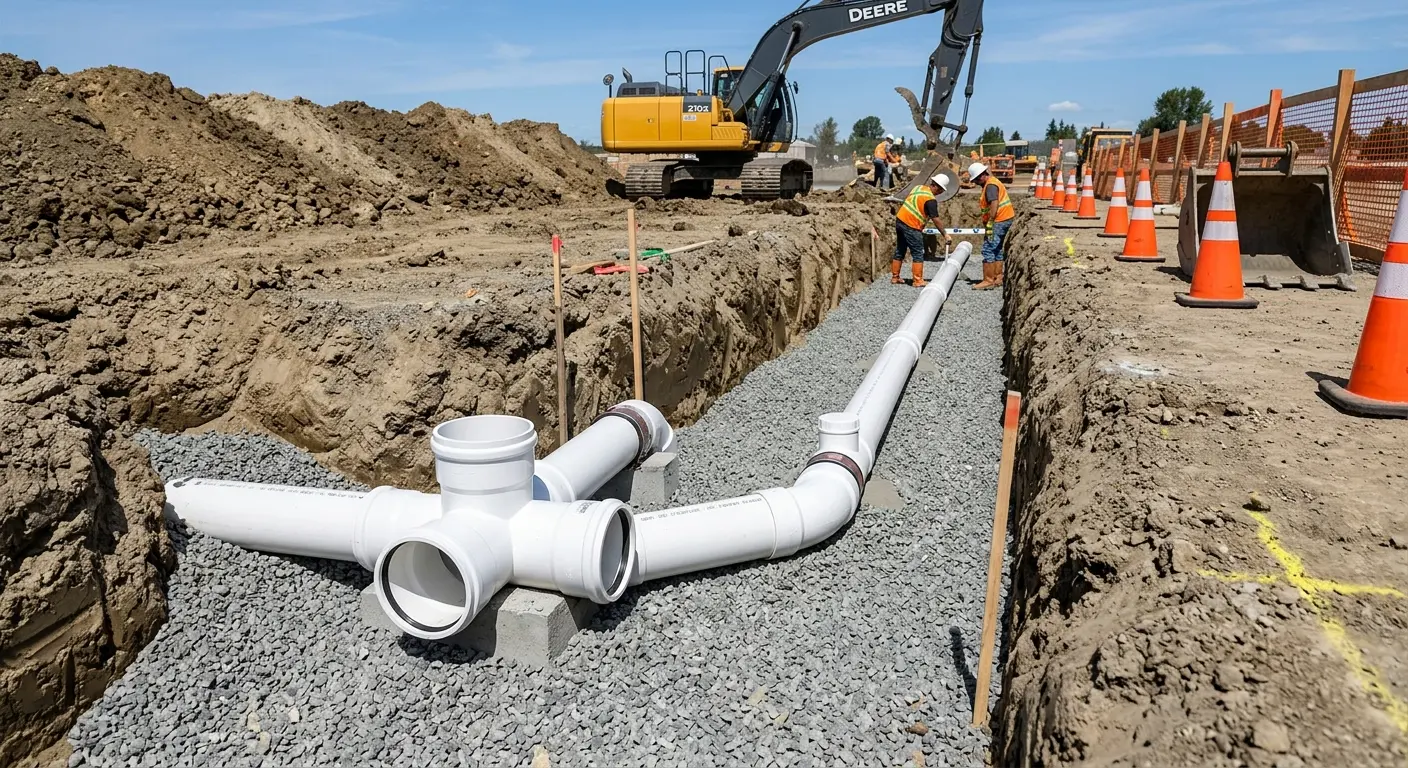 New PVC sewer pipe installation in open trench for Commercial Drain Cleaning in Hazel Crest