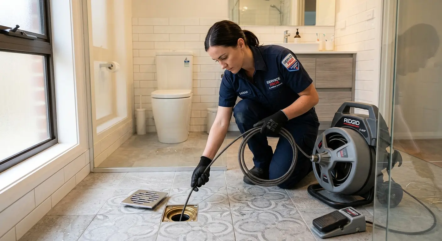 Technician clearing a bathroom floor drain for Clogged Drain Repair in Hazel Crest